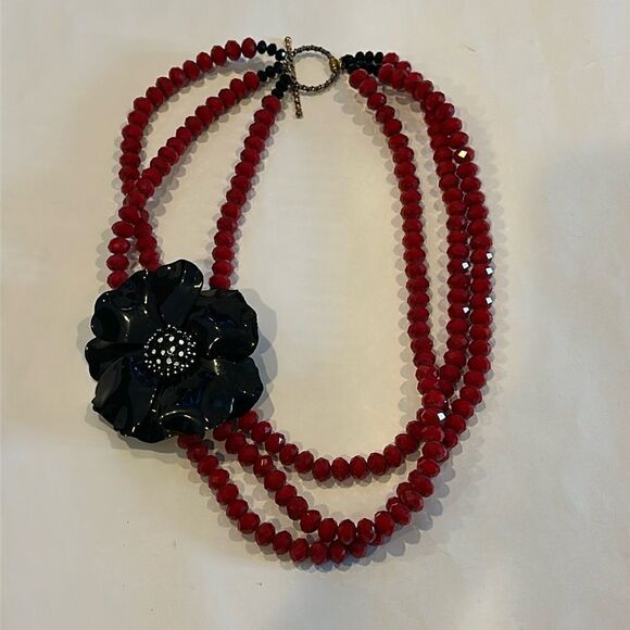 Elva Fields Jewelry - Elva Fields Red Triple-Strand Beaded Necklace with Black Flower Brooch Vintage